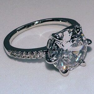Silver Tone Round Cut Cubic Zirconia Engagement Ring